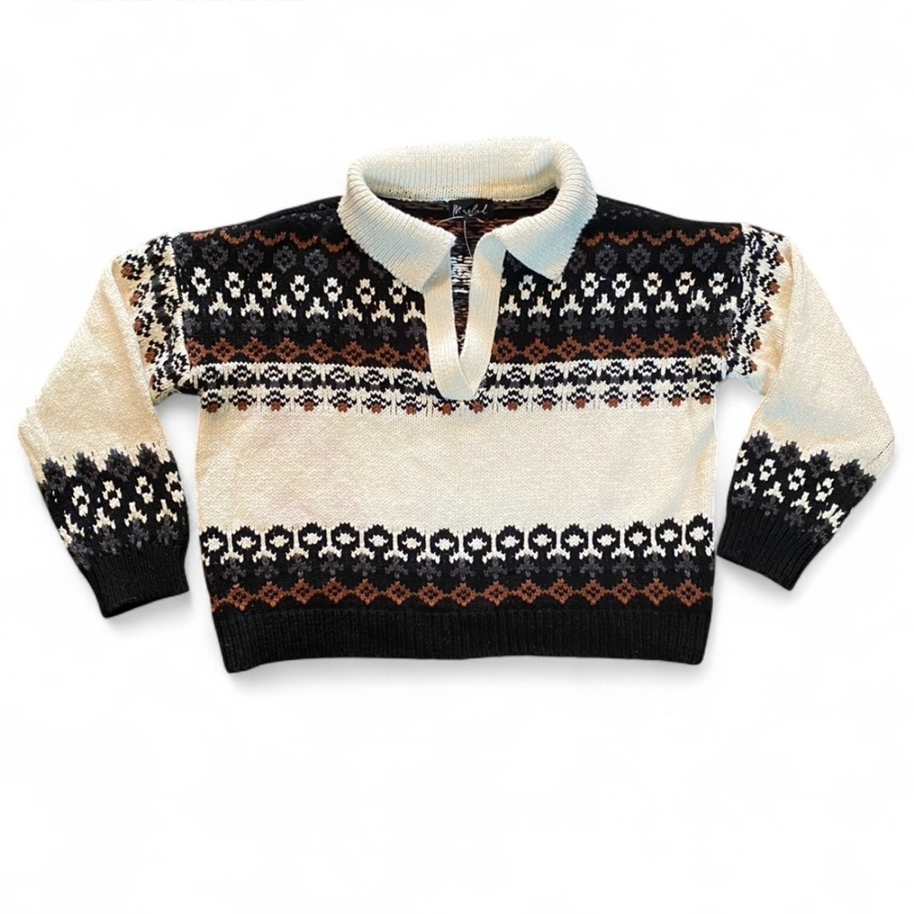 Marled Women’s Fair Isle Polo Sweater Black & Cream Size Large
